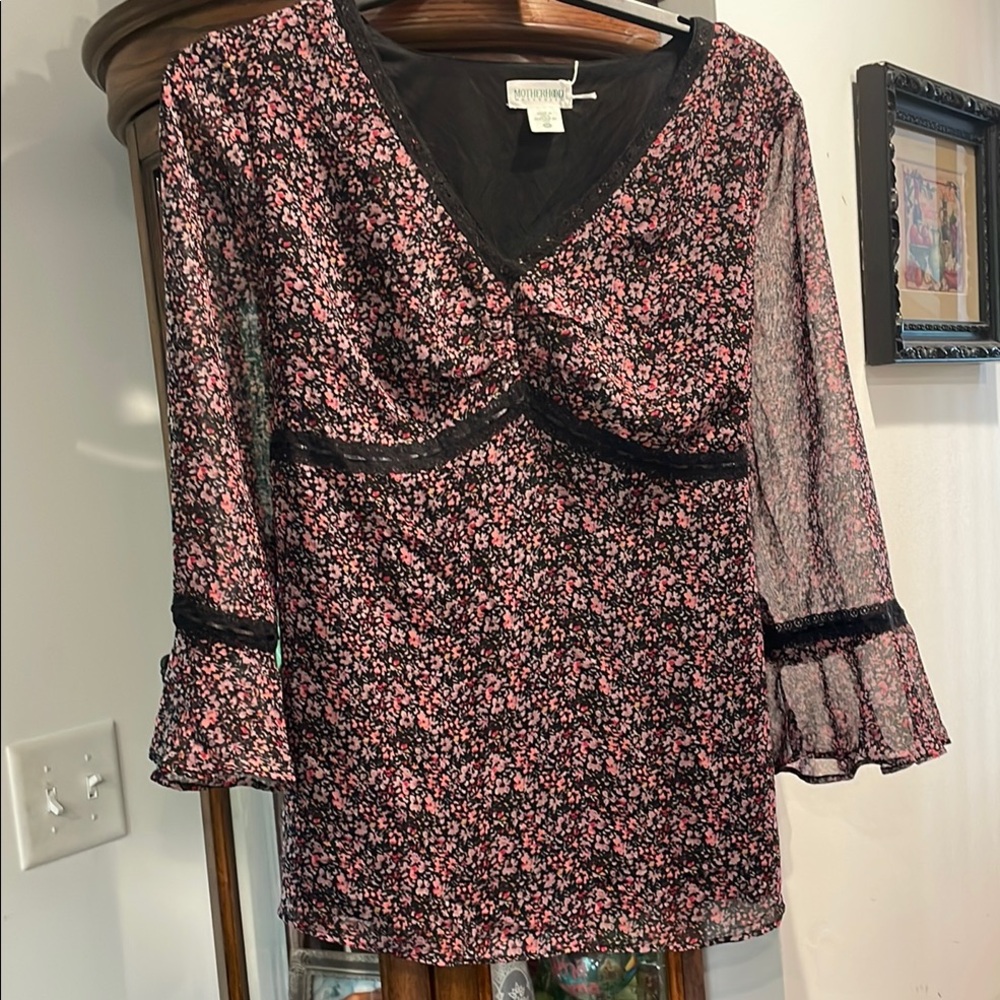 Motherhood Maternity Black and Pink Sheer Floral Top with liner and tie back